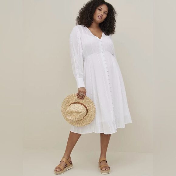 torrid Dresses & Skirts - Torrid White Button-Down Long Sleeve Dress w/ Slip Embroidered XXL Cottagecore